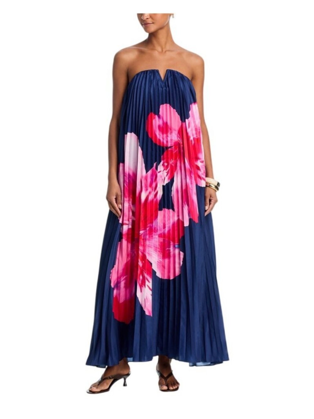 NWT Aqua Pleated Strapless Maxi Dress DI10999BL Navy Blue / Pink M